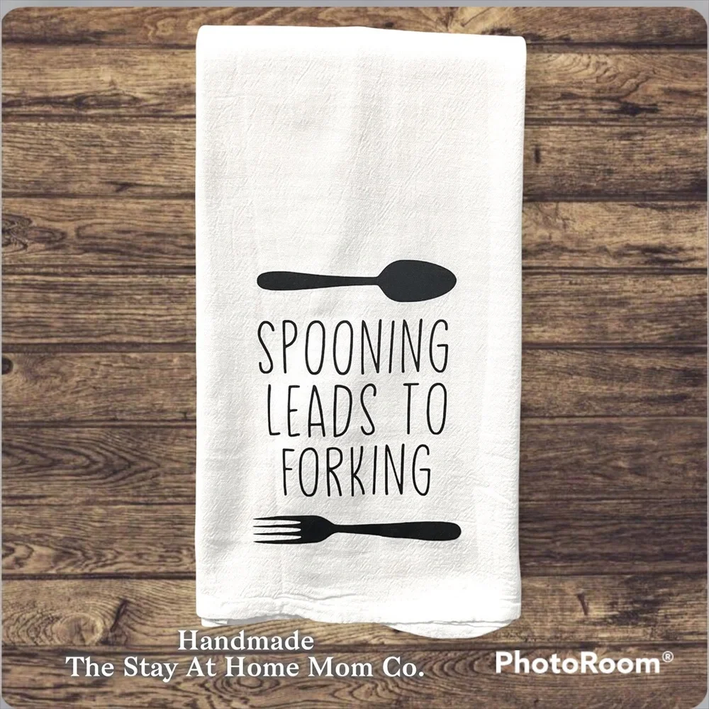 Decorative handmade kitchen tea towel / funny decor spooning leads to forking - Picture 1 of 1
